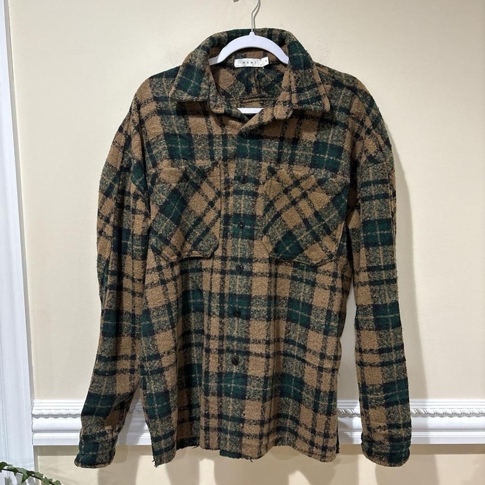 MNML Tan and Green Plaid Button-Up Shirt Jacket